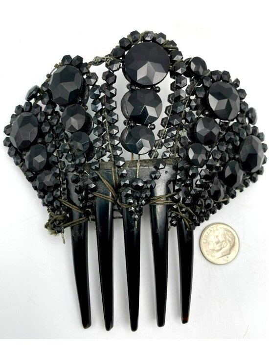 Antique Victorian Mourning Comb Jet Black Beads Beaded Faceted Spanish style main image 5